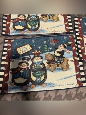 Sandy Gore Evans blue tapestry penguin North Pole Christmas placemats lot of 4